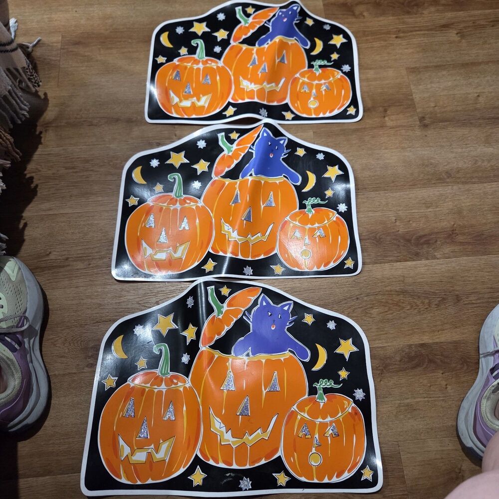 Vintage Elrene Halloween Placemats Lot 3 Pumpkin Black Cat Jack O Lantern Vinyl